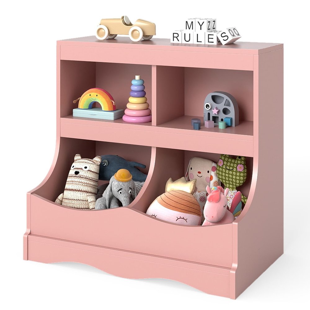 Costzon Toy Storage Organizer, 4-Cubby Kids Bookshelf with Footboard, Wooden Children's Bookcase, Montessori Toy Shelf for Playroom, Kids Room, Classroom (Pink, 4 Cubby(15.5" D x 26.5" W x 24.5" H))