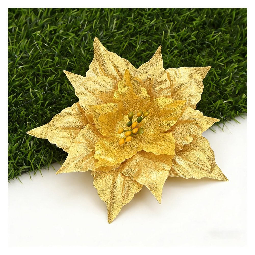 10pcs Artificial Flowers Glitter Poinsettia Ornaments Set with Clips, Premium Christmas Tree and Wreath Decorations for Holiday Home and Party Decor(Yellow)