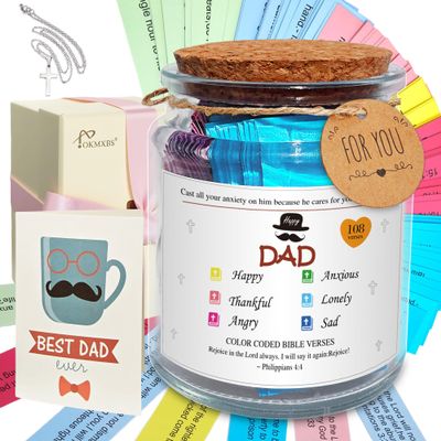 Bible Verse Jar Gift for Dad - 108 Color-Coded Encouragement Scriptures,Mug Gift Set,Christian Comfort Gifts for Father, Emotional Support Birthday Christmas Gifts,Waterproof Double-Sided Cards(Dad)