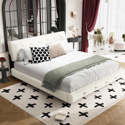 King Size Bed Frame with Ultra-Soft Cloud Pillow Tufted Headboard, Chenille Upholstered Platform Bed with Metal & Wooden Double-Slat Support, Sturdy Noise-Free Structure, No Box Spring Needed, White
