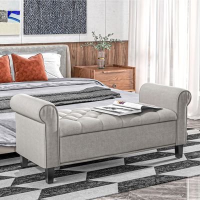 50" Storage Ottoman Bench, Upholstered End of Bed Bench with Rolled Arms, Wood Legs, Button Tufted Storage Bench with Safety Hinges for Living Room, Entryway, Bedroom, Gray