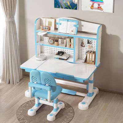Autrfso Kids Desk and Chair Set, Ergonomic Height Adjustable Kids Study Desk with Tiltable Desktop, Bookshelves and Storage Drawers, Widened Desktop Writing Table for Boys and Girls Blue