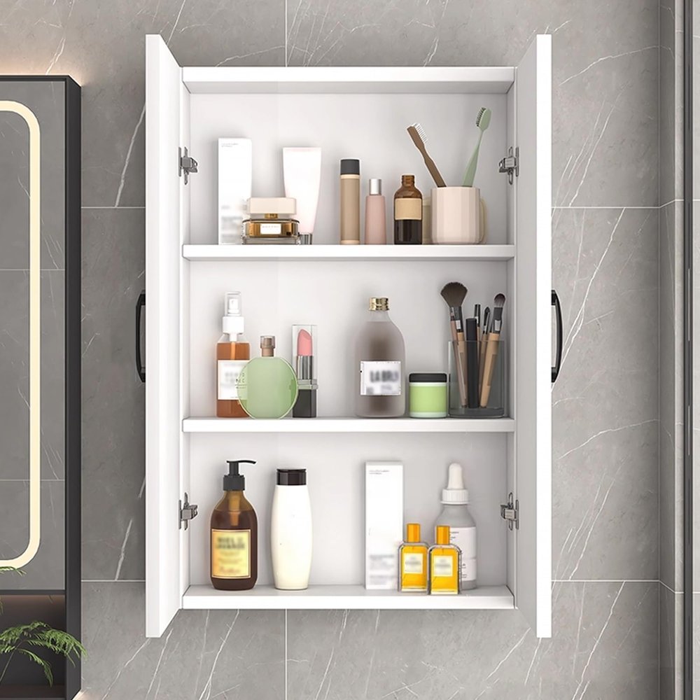 Bathroom Wall Cabinet Storage Solid Wood Panel Adjustable Shelf Height Bathroom Cabinet Wall Mount Wooden, Multi Layer Storage Dusts Proof and Tidy, Drill Hole Installation(White,60 * 75cm)