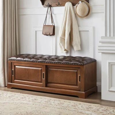 Entryway Wooden Shoe Storage Ottoman Bench with Leather Cushion Long Shoe Rack Bench with Doors & Padded Seat Cushion for Living RoomHallwayMudroom(Light walnut,120*38*45cm/47.2*15*17.7in)