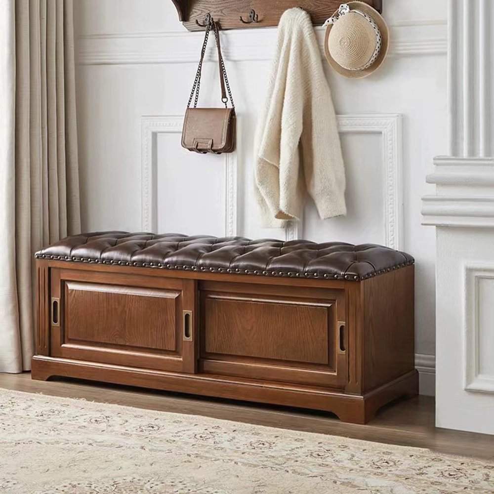 Entryway Wooden Shoe Storage Ottoman Bench with Leather Cushion Long Shoe Rack Bench with Doors & Padded Seat Cushion for Living RoomHallwayMudroom(Light walnut,120*38*45cm/47.2*15*17.7in)