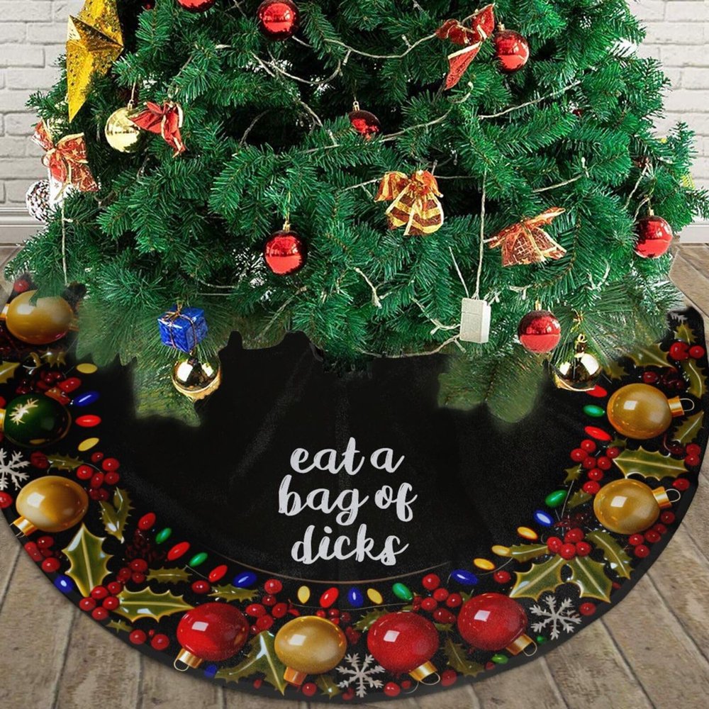 Christmas Tree Skirt Eat A Bag of Dicks Christmas Decorations Soft Red Green Christmas Decor Mat for Xmas Holiday Decorations 48"