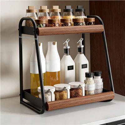 Xadkmwsfm 2-layer Spice Racks, Countertop Seasoning Racks, Metal Frame Display Shelf, Multi-Purpose Storage Organizer for Bathroom, Kitchen(Black,15.7 * 9.4 * 16.9in)