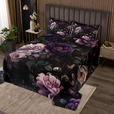 ArtfulHome Vintage Gothic Purple Floral Quilt Set King Retro Peony Flower Bedspread Chic Romantic Roses Coverlet Set for Girls Women Adults,Goth Garden Botanical Floral Bedding Quilted