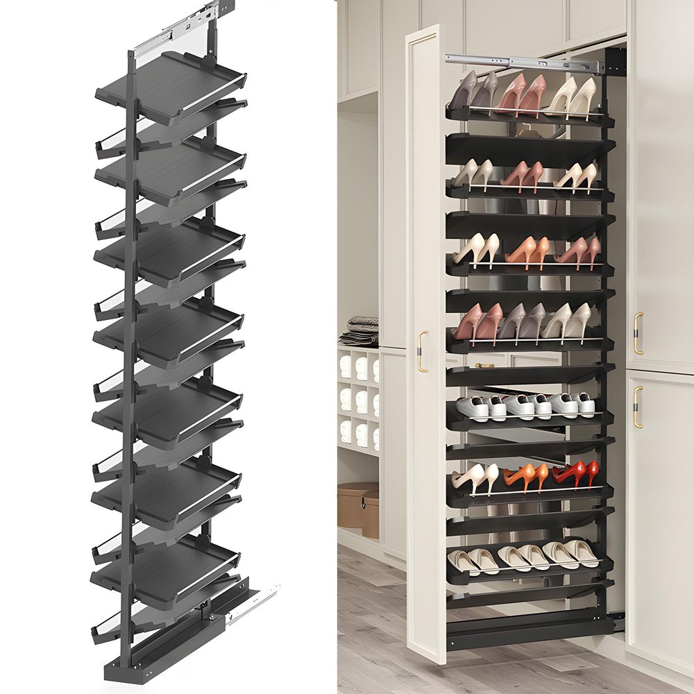 4-15 Tier Cabinet Pull Out Shoe Rack, Adjustable Vertical Shoe Organizer for Closet and Wardrobe Cabinet, Heavy Duty Slide Out Shoe Storage System, Under Stairs Storage, Fits Depth 17.7"-34.3"