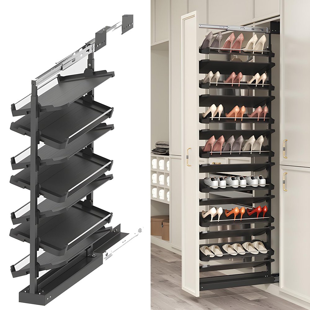 4-15 Tier Cabinet Pull Out Shoe Rack, Adjustable Vertical Shoe Organizer for Closet and Wardrobe Cabinet, Heavy Duty Slide Out Shoe Storage System, Under Stairs Storage, Fits Depth 17.7"-34.3"