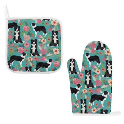 Border Collie Florals Oven Mitts and Pot Holders Set Cotton Lined Kitchen Gloves Pot Holders High Heat Resistant Baking Mitts Hanging Loop for Kitchen Outdoor Grilling