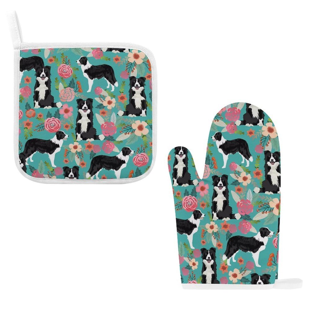 Border Collie Florals Oven Mitts and Pot Holders Set Cotton Lined Kitchen Gloves Pot Holders High Heat Resistant Baking Mitts Hanging Loop for Kitchen Outdoor Grilling