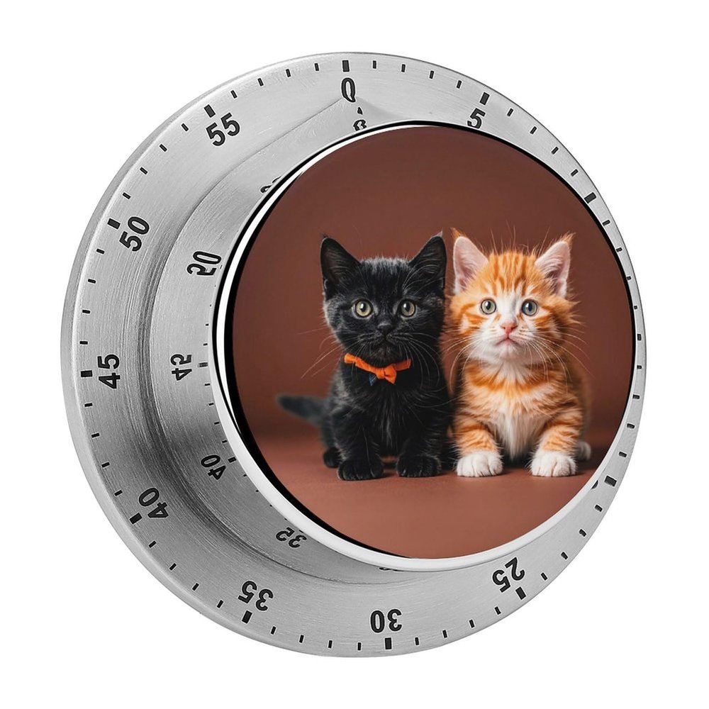 Mechanical Kitchen Timer for Cooking, Wind Up Cute Kitten Black and Orange Cat Timer Clock with Loud Alarm, No Batteries Required, Stainless Steel Timers for Fitness, Baking, Work