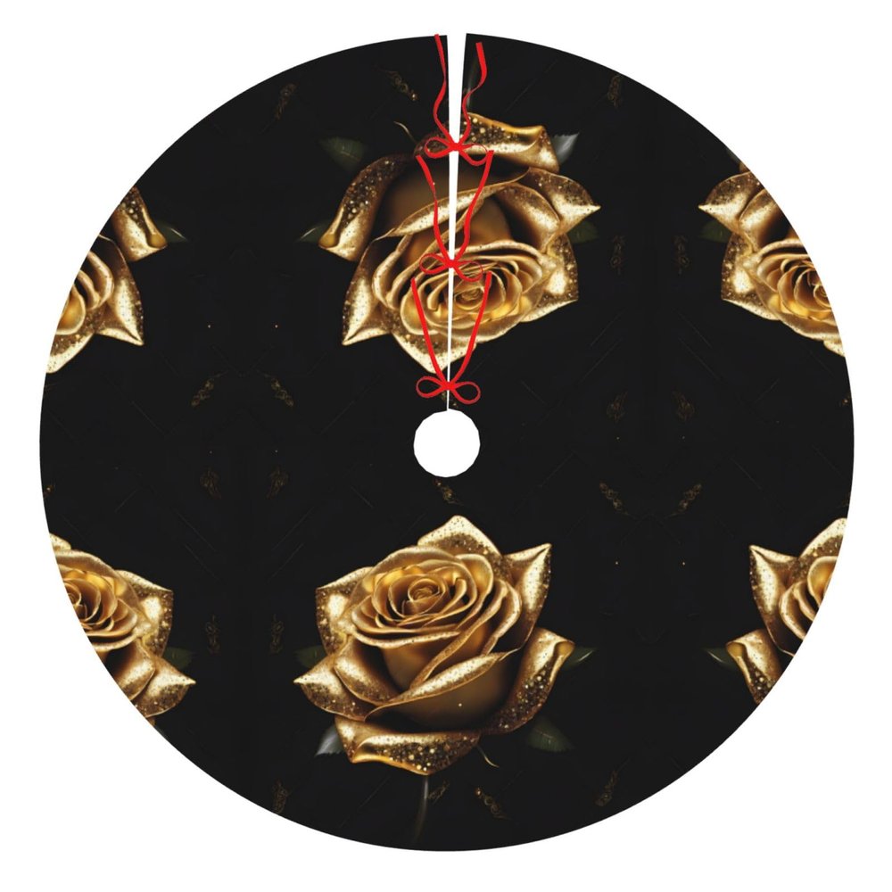 Gold Rose 30/36/48 Inches Printed Thick Chirstmas Tree Skirt Collar Reversible Holiday Floor Xmas Tree Mat Protector Mirror Nice Design