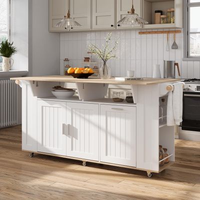 ROMSHINE 63" Kitchen Island Cart with Folding Drop Leaf & Trash Can Storage, Rolling Island Table with Adjustable Shelf, Towel Racks & Spice Storage, Kitchen Island Cart on Wheels