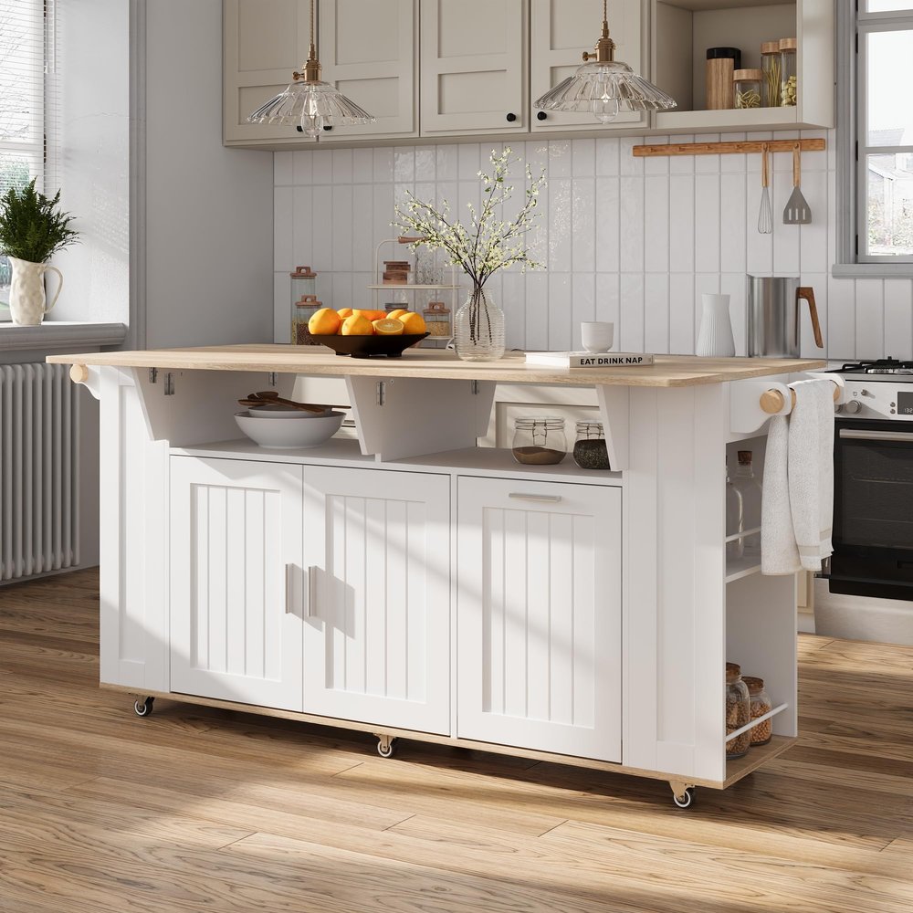 ROMSHINE 63" Kitchen Island Cart with Folding Drop Leaf & Trash Can Storage, Rolling Island Table with Adjustable Shelf, Towel Racks & Spice Storage, Kitchen Island Cart on Wheels
