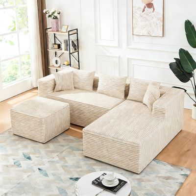 100" Boneless Couch with Right Chaise & Footstool 3 Seater Modular Sectional Sofa U Shaped Fluffy Comfy Corner Sofa Corduroy Cloud Couchs for Living Room Bedroom Apartment, No Assembly, Beige