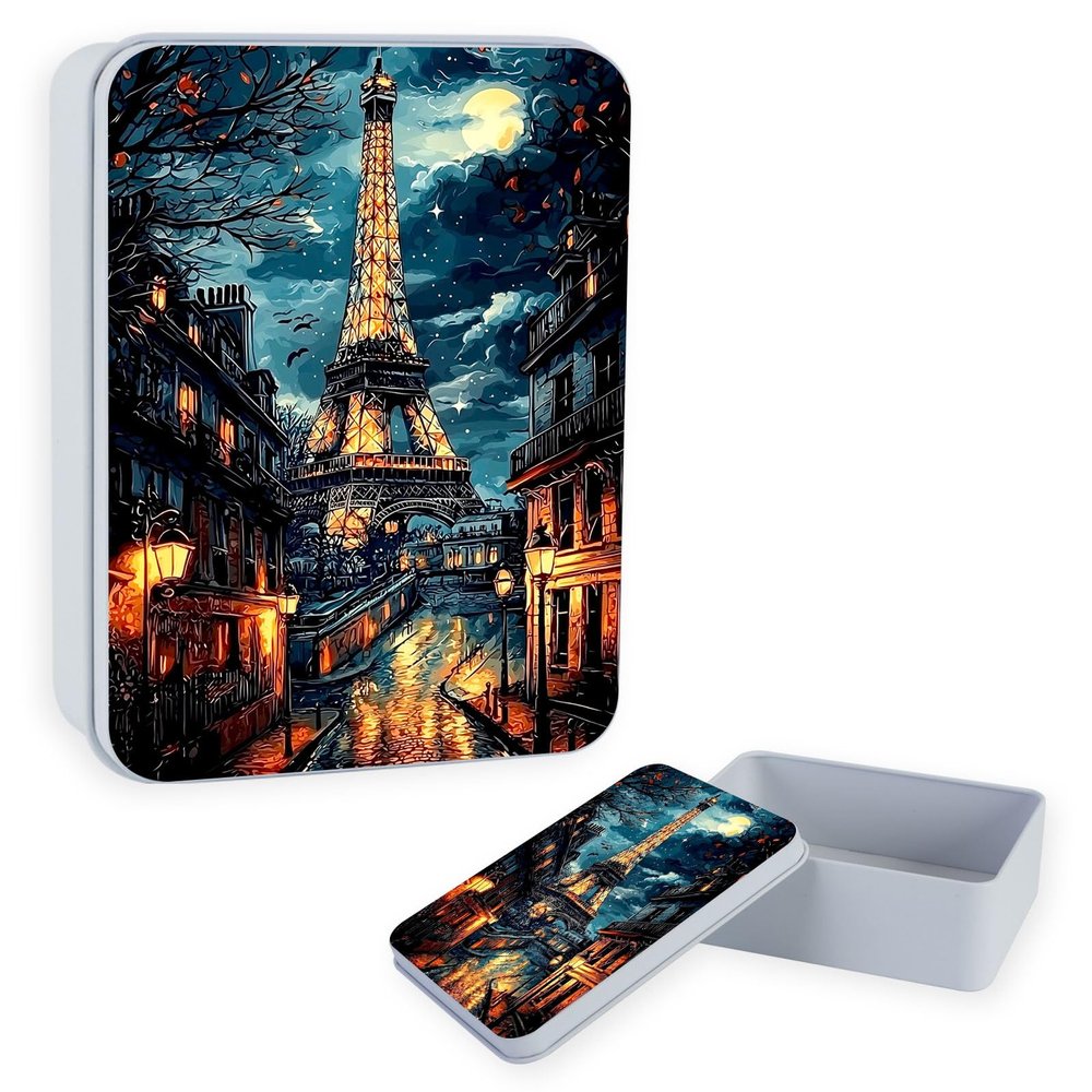 DISUOFEART Large Metal Tin Box with Lid, Sturdy Decorative Metal Storage Container, Moonlit Eiffel Tower Streetscape Durable Printed Tin Case for Gifts, Crafts, Small Items, Home & Office Organization