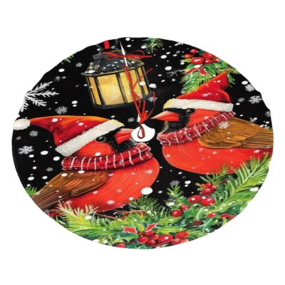 30In Christmas Tree Skirt Decoration Cardinal Birds Santa Hats Scarves Lantern Black Black Tree Skirt Holiday Party Decoration (30 Inch/76Cm)