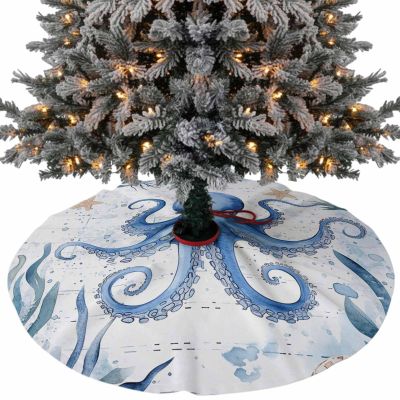 Christmas Tree Skirt,Blue Octopus Ocean Starfish Xmas Tree Skirts Ornaments for New Year Holiday Party Decor,Sea Monster Ocean Seaweed Christmas Tree Mat