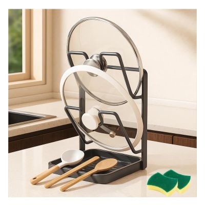 Lethargic Kitchen Pot Lid Storage Rack, Upright Lid Storage Rack with Drip Tray for Cooking, Multifunctional Lid and Utensil Rest, Countertop Organizer for Pots, Pans & Spoons (Gray, Double-layer)