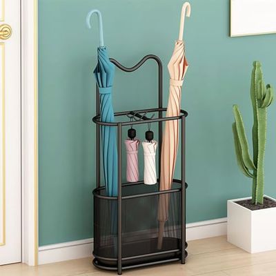 Metal Umbrella Holder Stand,Freestanding Umbrella Holder with Hooks and Drip Tray, Space Saving Umbrella Stand Rack Organizer for Entryway Home Office Patio Decor