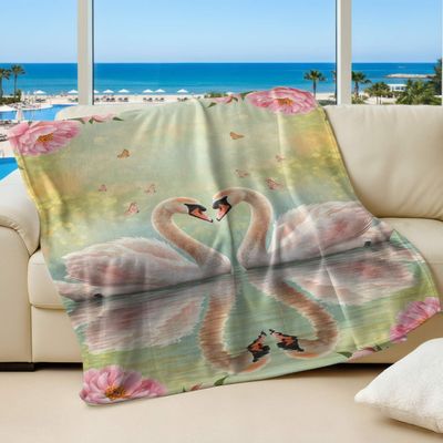 Romantic Heart-Shaped Swan Printed Flannel Blanket, Soft Pink Peony Floral Plush Throw, Elegant Couple Blanket for Valentine's Day and Cozy Couch Use (04,70 x 80in)