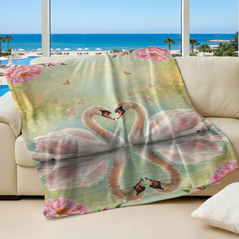 Romantic Heart-Shaped Swan Printed Flannel Blanket, Soft Pink Peony Floral Plush Throw, Elegant Couple Blanket for Valentine's Day and Cozy Couch Use (04,70 x 80in)