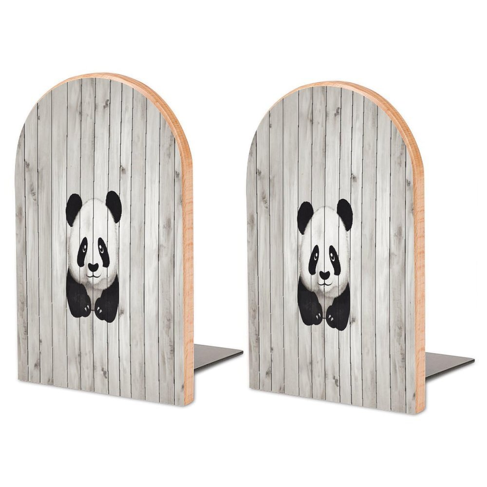 Heavy Duty White Wooden Panda Book End Wooden Bookends with Metal Base Non-Skid Book Stopper for Shelves Books Organizer for Home Office Supplies 6.7 X 4.7 X 3.9