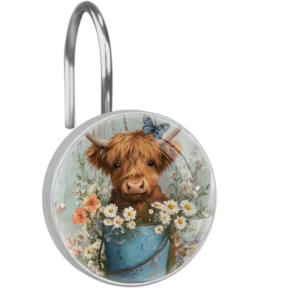 12 Pcs Highland Cow and Bucket Round Shower Curtain Hooks Stainless Steel Decorative Hanger Rings for Bathroom Kitchen Bedroom Curtain Rods