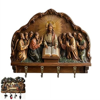 2D Flat Virgin Mary Praying Wall Art Keychain Holder, Jesus and Disciples Christian Wall Mounted Key Holder for Jewelry Rosaries with 4 Hooks,Farmhouse Religious Decor for Entryway,Gifts for Family
