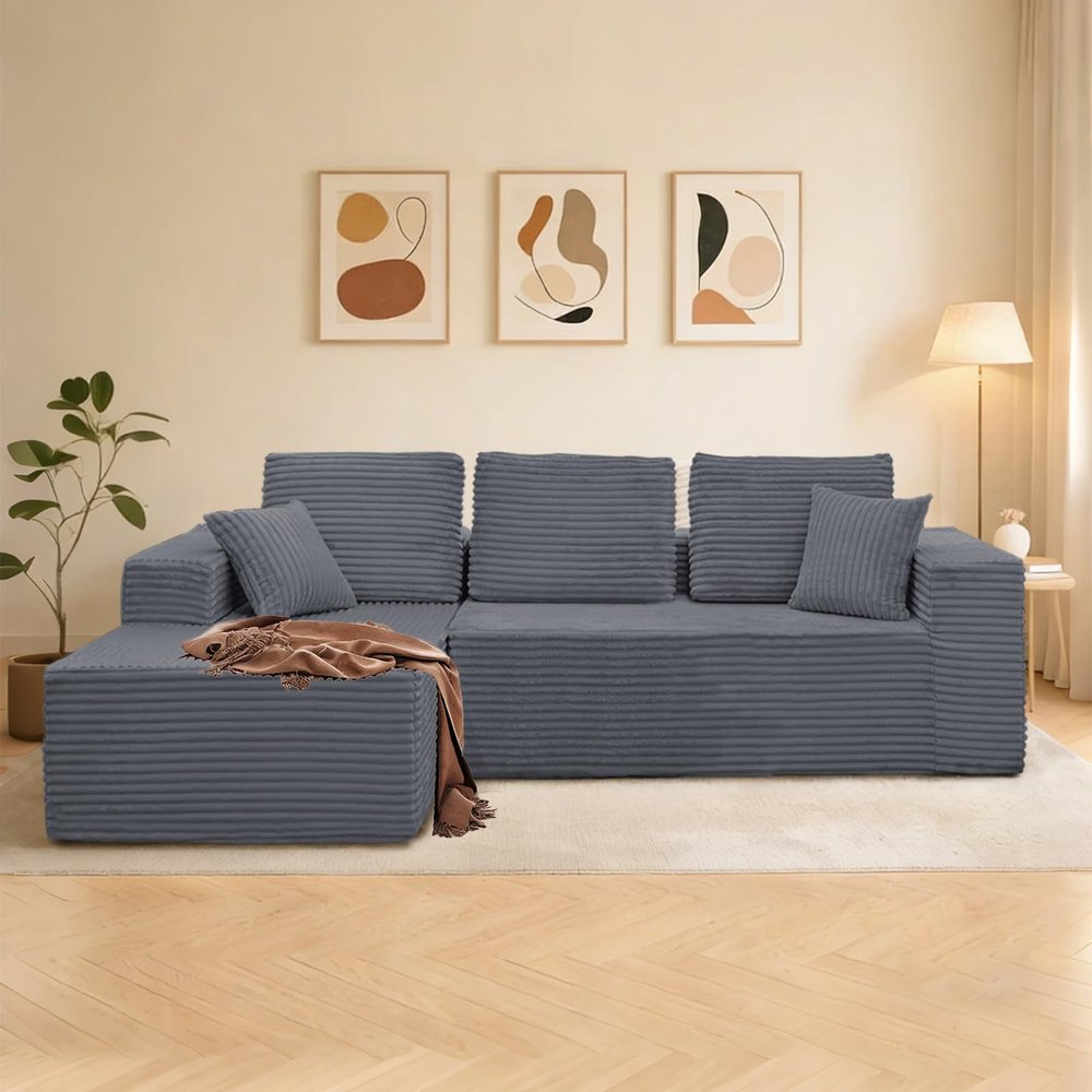 107Modular Sectional Sofa,Boneless Couch with Oversize L-Shape Chaise,Sectional Couches for Living Room,Comfy Corduroy Fluffy Cloud Couch with Deep Seat,No Assembly Required.(Left Chaise,Darkgray)