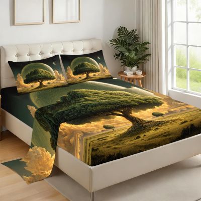 ZAOMIR Tree Bed Sheets Set Full for Kids Teen Adult, Universe Planet Clouds Sheet Set 4 Pcs Soft Breathable Microfiber Forest Grassland Landscape Sheets with Fitted & Flat Sheet & 2 Pillowcases