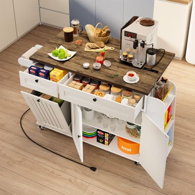 Loftiage 60.2'' Kitchen Island with Storage & Power Outlet, Rolling Kitchen Island on Wheels with Drop Leaf & Trash Can Storage, Island Table for Kitchen with 3 Spice Rack & Towel Rack, White