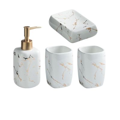FFDSDUH Bathroom Accessories Set 4-Piece Ceramic Marble Bathroom Decorative Accessories Set Including Soap Dispenser Dish Toothbrush Cup for Home Hotel