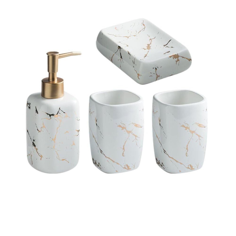 FFDSDUH Bathroom Accessories Set 4-Piece Ceramic Marble Bathroom Decorative Accessories Set Including Soap Dispenser Dish Toothbrush Cup for Home Hotel