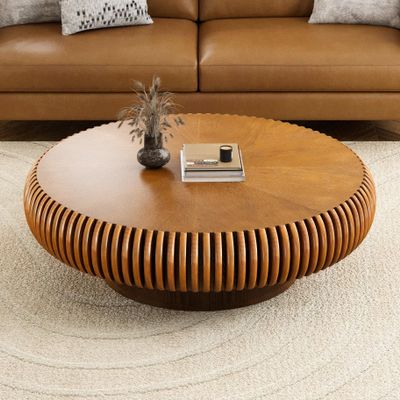 39.37" Round Coffee Table, Modern Drum Fluted Coffee Tables with Solid Wood Veneer, Wooden Circle Center Table for Living Room, Small Spaces, and Apartments, Easy Assembly