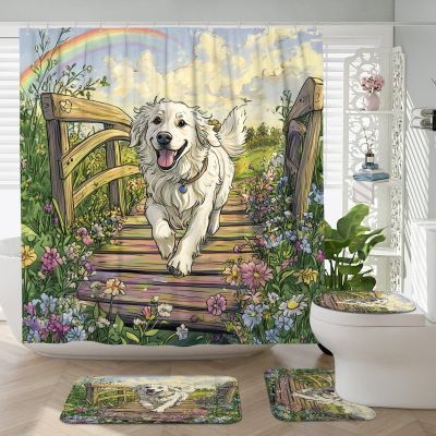 4PCS Spring Great Pyrenees Dog Bathroom Accessory Sets with Non-Slip Rug, U Shape and Toilet Lid Cover Mat, Country Garden Puppy Bathroom Decorative-72''x72''