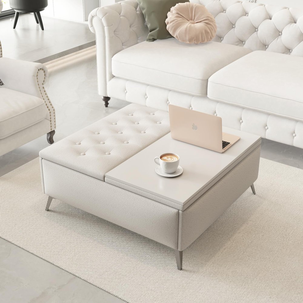 35 inch Wide Square Storage Benches Coffee Table with Lift Top Oversized Storage Ottoman in Upholstered for Living Room