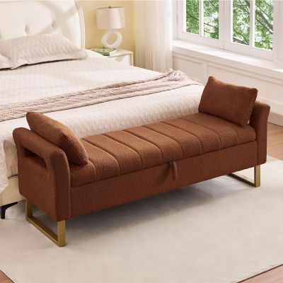 AEMEIOS 66'' Storage Bench for Bedroom End of Bed King Size, Bedroom Benches for Foot of Bed King, Teddy Brown Ottoman Bench with Storage with Armrest for Windows, Closet