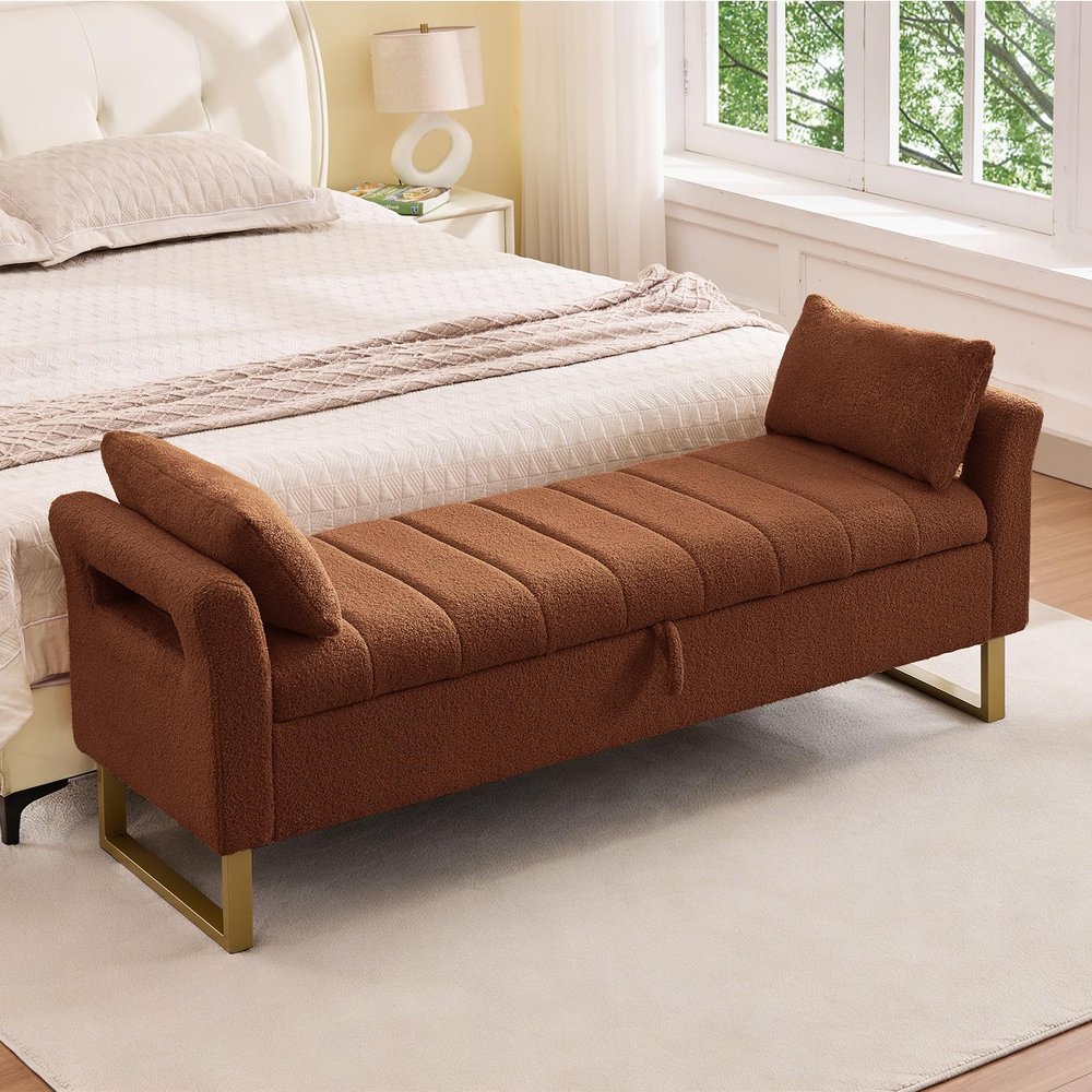 AEMEIOS 66'' Storage Bench for Bedroom End of Bed King Size, Bedroom Benches for Foot of Bed King, Teddy Brown Ottoman Bench with Storage with Armrest for Windows, Closet