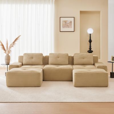 115.3 Camel Boneless Couches for Living Room, Modular Sectional Sofa with U-Shape Chaise, 3 Seater Comfy Upholstered Deep Seat Corduroy Fabric Cloud Couch No Assembly, Anti-Slip Design