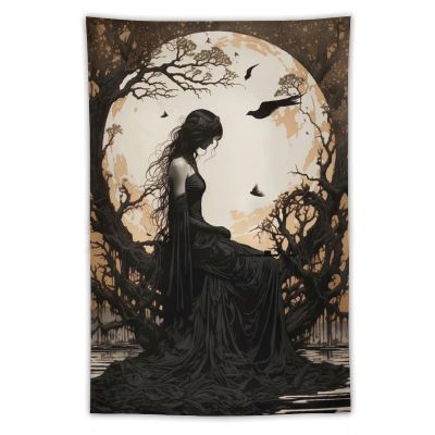 Tapestry Wall Hanging Woman In Black Dress By Full Moon Bare Trees & Crows Art Style - Home Decor For Bedroom Living Room Dark Mystical Aesthetic Fantasy Art40 x60 Tapestry