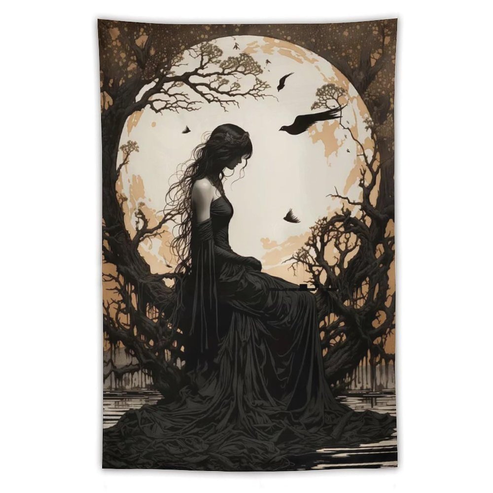 Tapestry Wall Hanging Woman In Black Dress By Full Moon Bare Trees & Crows Art Style - Home Decor For Bedroom Living Room Dark Mystical Aesthetic Fantasy Art40 x60 Tapestry