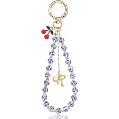 Blue Drop Cherry Keychain Blue and White Porcelain Red Cherry Beaded Bow Wristlet Keychain Ethnic Vintage Bag Car Key Charms Pendant Accessories