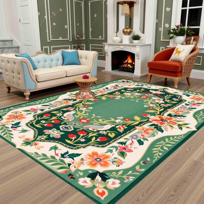 Machine Washable Area Rugs for Living Room Bedroom Rustic Country Green Cream Orange Floral Animal Print Indoor Rugs 2x3 Nursery Farmhouse Dorm Vibrant Vintage Geometric Bordered Carpet Floor Mats