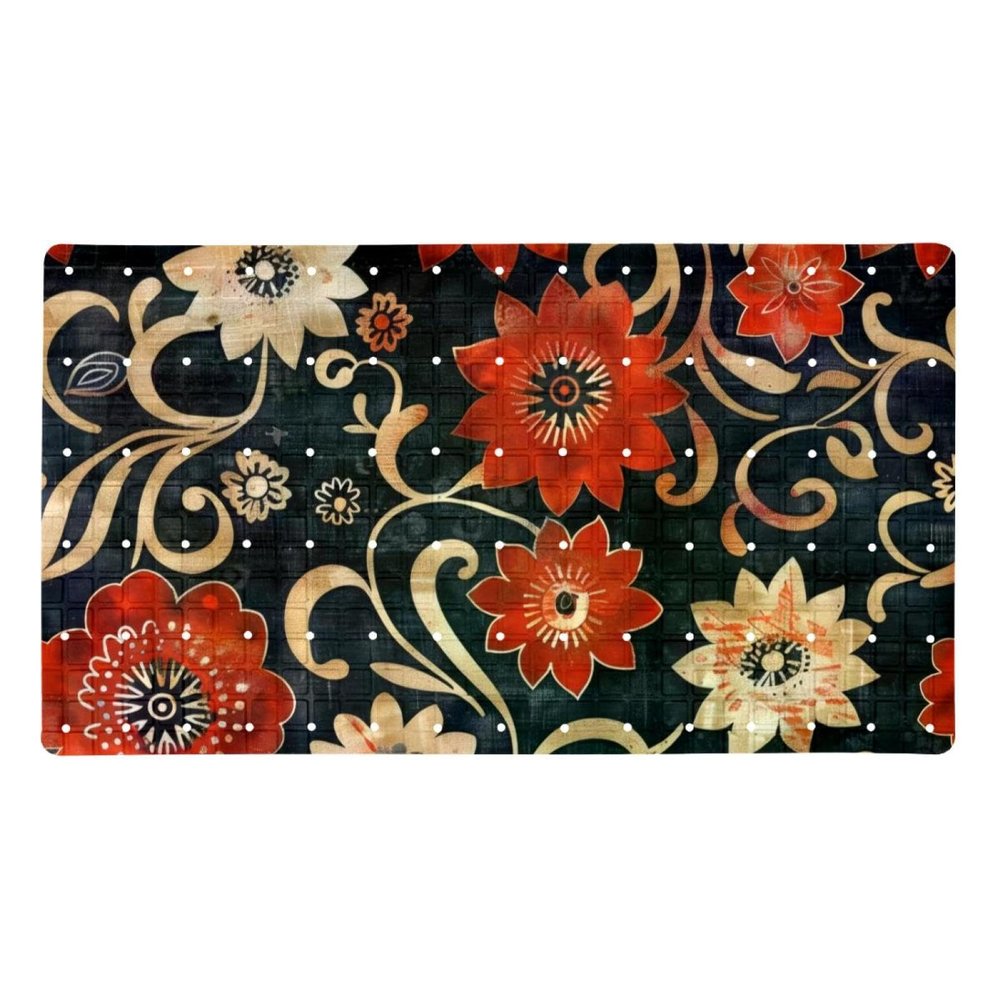 Abstract Flowers Art Pattern Bath Tub and Shower Mats, Non Slip Bathmat with Drain Holes and Suction Cups for Bathroom Floor, 15.1 x 26.8 Inch