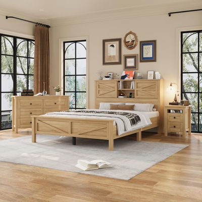 Ball & Cast 3-Piece Queen Size Farmhouse Bedroom Set, Platform Bed with Sliding Door Storage Headboard & Charging Station, Storage Nightstand and Dresser, Wooden Bedroom Furniture Set, Natural