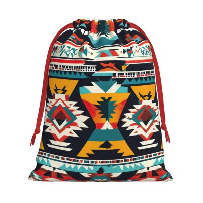 DUWAA Native American Pattern Print Christmas Drawstring Gift Bag, Gift Wrapping Bags With Rope For Christmas Party Supplies