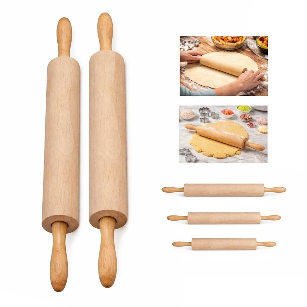 2 PACK Premium Wooden Rolling Pin 3-1/4" Diameter- Wooden Roll Pin w/Contoured Handles for Baking Pizza Fondant Pie Crust Cookie Pastry Dough Classic Pastry Rolling Pin (24 Inch)